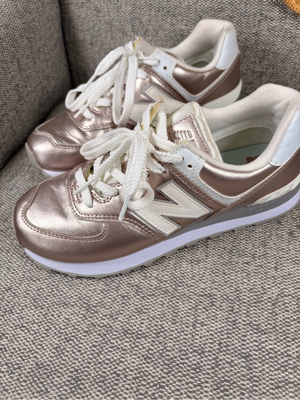 New Balance 574 Rose Gold and Cream Metallic Sneakers - Picture 6 of 10